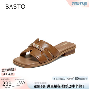 复古休闲粗跟一字拖休闲外穿女拖鞋 F2306BT6 新款 百思图2026夏季