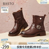 百思图冬季 牛皮通勤粗跟扣带骑士靴女短靴W1120DD5 商场新款