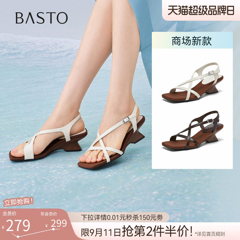 百思图2026夏季商场新款绝美高跟绑带罗马凉鞋粗跟女鞋F5028BL6图片