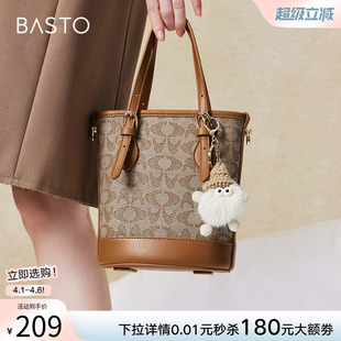 复古手提老花水桶包单肩斜挎包女X3409CX4 百思图春夏商场同款