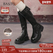百思图2025冬新款 加绒厚底扣带高筒骑士靴通勤粗跟女长靴F2032DG5