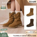 百思图25冬商场新款美拉德加绒西部堆堆靴女显瘦真皮短靴D3780DZ5