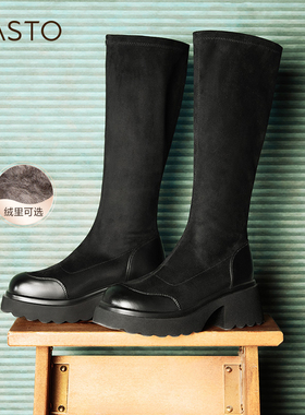 百思图叛逆出逃冬商场新款加绒弹力瘦瘦靴高跟女长靴M5201DG4