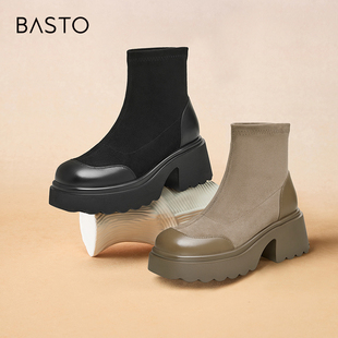 百思图冬季 气质绒面高跟弹力靴女瘦瘦靴短靴M5202DD4 商场新款