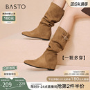 百思图2025冬季新款时尚复古尖头西部靴粗腿显瘦女长靴F2101DC5