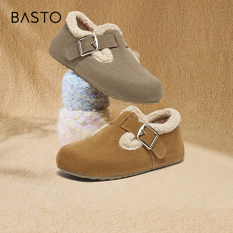 百思图冬季新款复古加绒保暖勃肯鞋毛毛鞋雪地靴女棉鞋BG195DM4