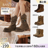 百思图冬新款 潮酷真皮西部牛仔堆堆靴通勤棕色女短靴C7022DZ5Z