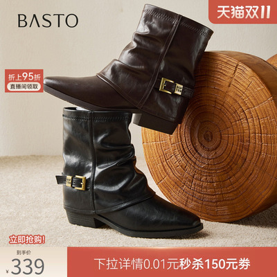 百思图2026冬季商场新款时尚方头粗跟裤管靴女通勤短靴F5510DZ6