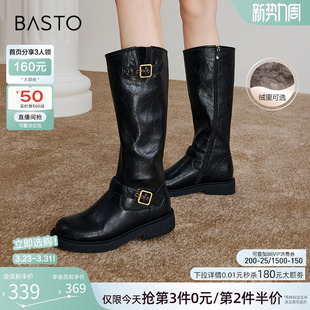 百思图冬扣带加绒厚底骑士靴小个子高筒靴女长靴W0819DG4Z