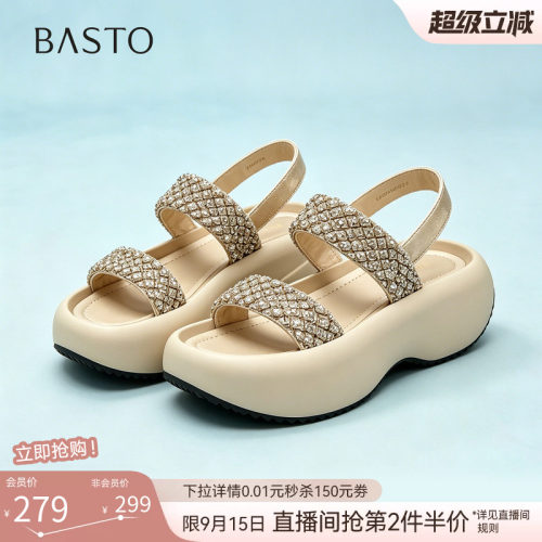 百思图2026夏季新款时尚通勤厚底钻带运动沙滩凉鞋女鞋W6571BL6
