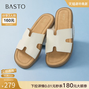 户外休闲一字拖平跟女拖鞋 简约时尚 F3035BT5 新款 百思图2025夏季