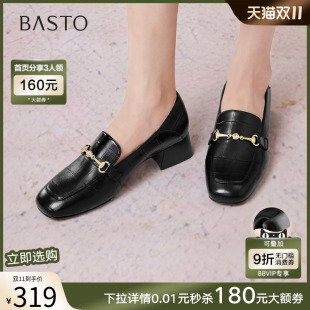 通勤粗跟方头女单鞋 皮鞋 TL527CA5 复古羊皮乐福鞋 百思图2025秋新款