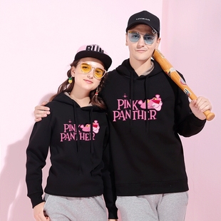 情侣装春秋薄款大码粉红豹卫衣女套头连帽大码bf风长袖宽松休闲潮