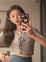 Real price summer bandage short sleeve design sense slim fit short T