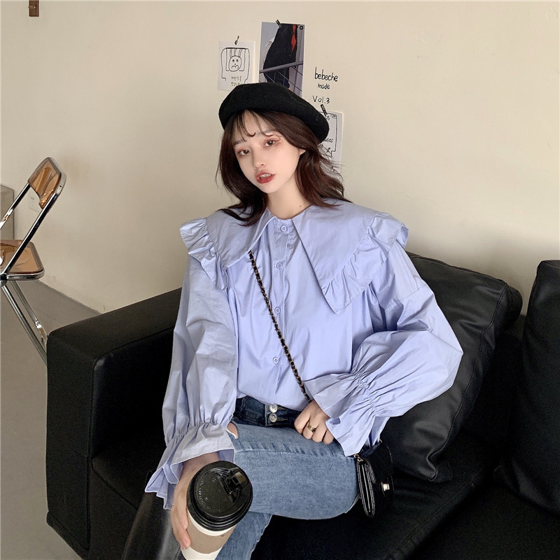 Real price Korean version chic age reduction foreign style fungus doll collar button down shirt girl