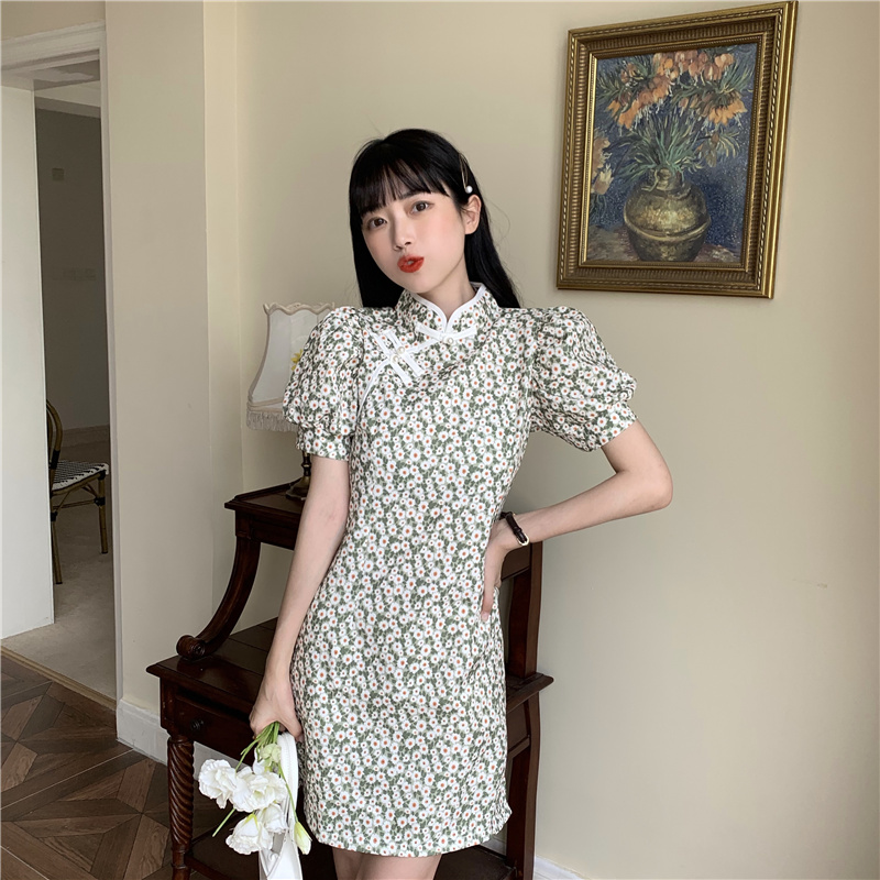 Real price Korean retro French small floral cheongsam dress