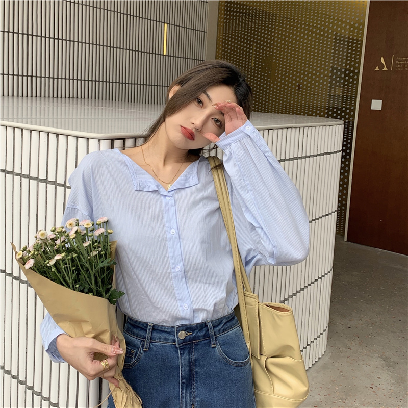 Real price Korean version simple and versatile striped Round Neck Long Shirt Top