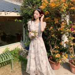 Real shot real price South Korean version waist show thin fairy air retro Chiffon Dress