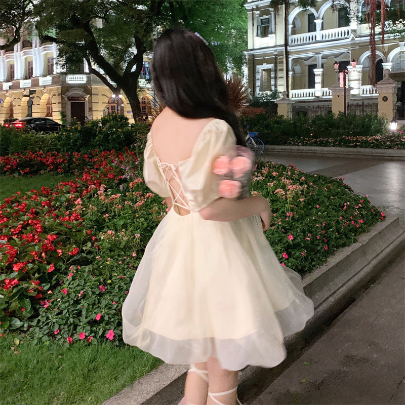 Real shot real price Korean version loose and thin bubble sleeve high waist gauze dress