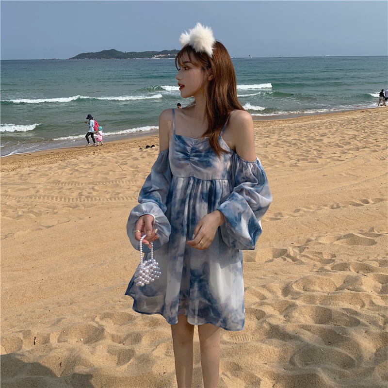 Real shot real price Korean loose and thin one line collar tie dyed off shoulder dress