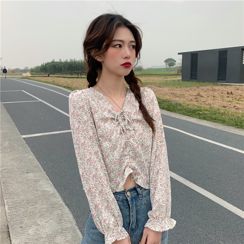 Real price Korean V-neck drawstring Chiffon floral jacket