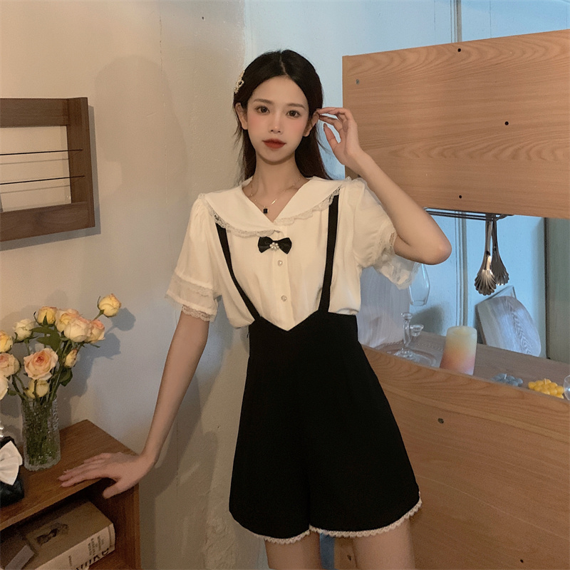 Korean French retro short sleeve shirt + backpack shorts