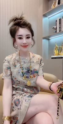 新中式国风圆领香云纱刺绣短袖改良旗袍女2025夏季复古漂亮连衣裙
