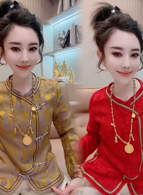 2025新款红色时尚气质上衣国风盘扣偏襟长袖衬衫女宽松打底衫小衫