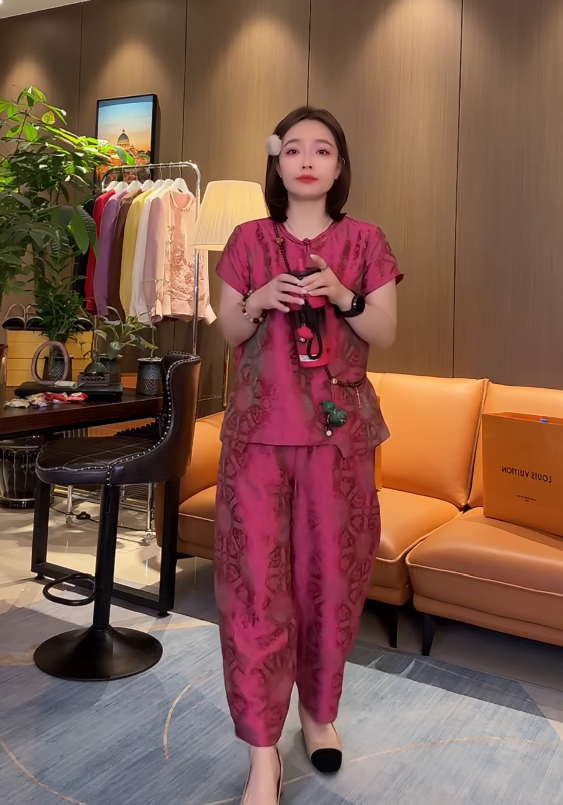 新中式国风盘扣提花短袖宽松T恤上衣九分哈伦阔腿裤套装女2026夏