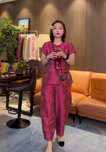 新中式国风盘扣提花短袖宽松T恤上衣九分哈伦阔腿裤套装女2026夏