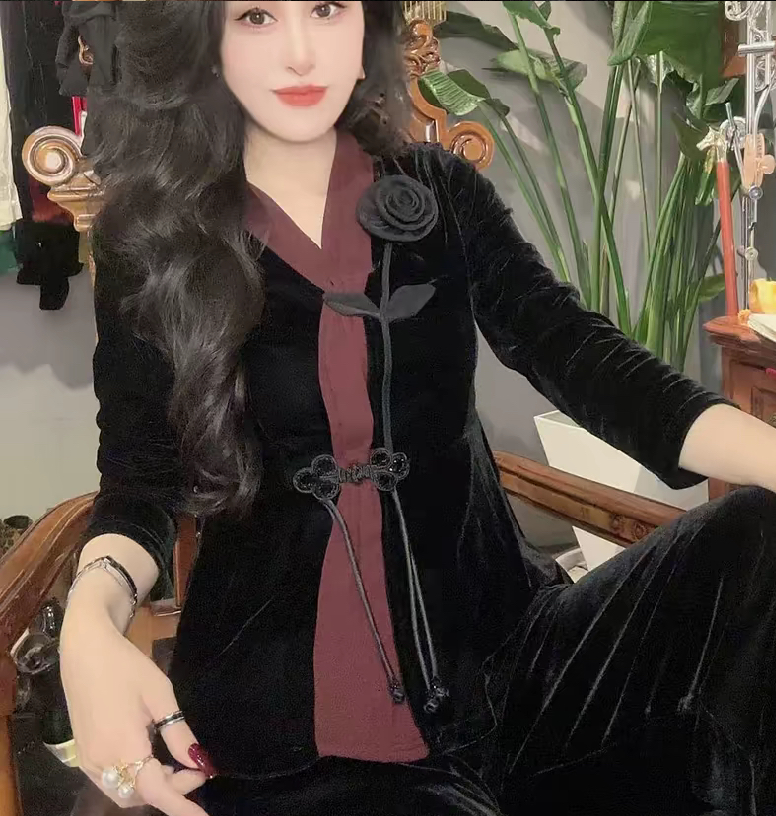 新中式国风盘扣玫瑰花气质衬衣女2025秋冬复古拼接打底衫上衣小衫