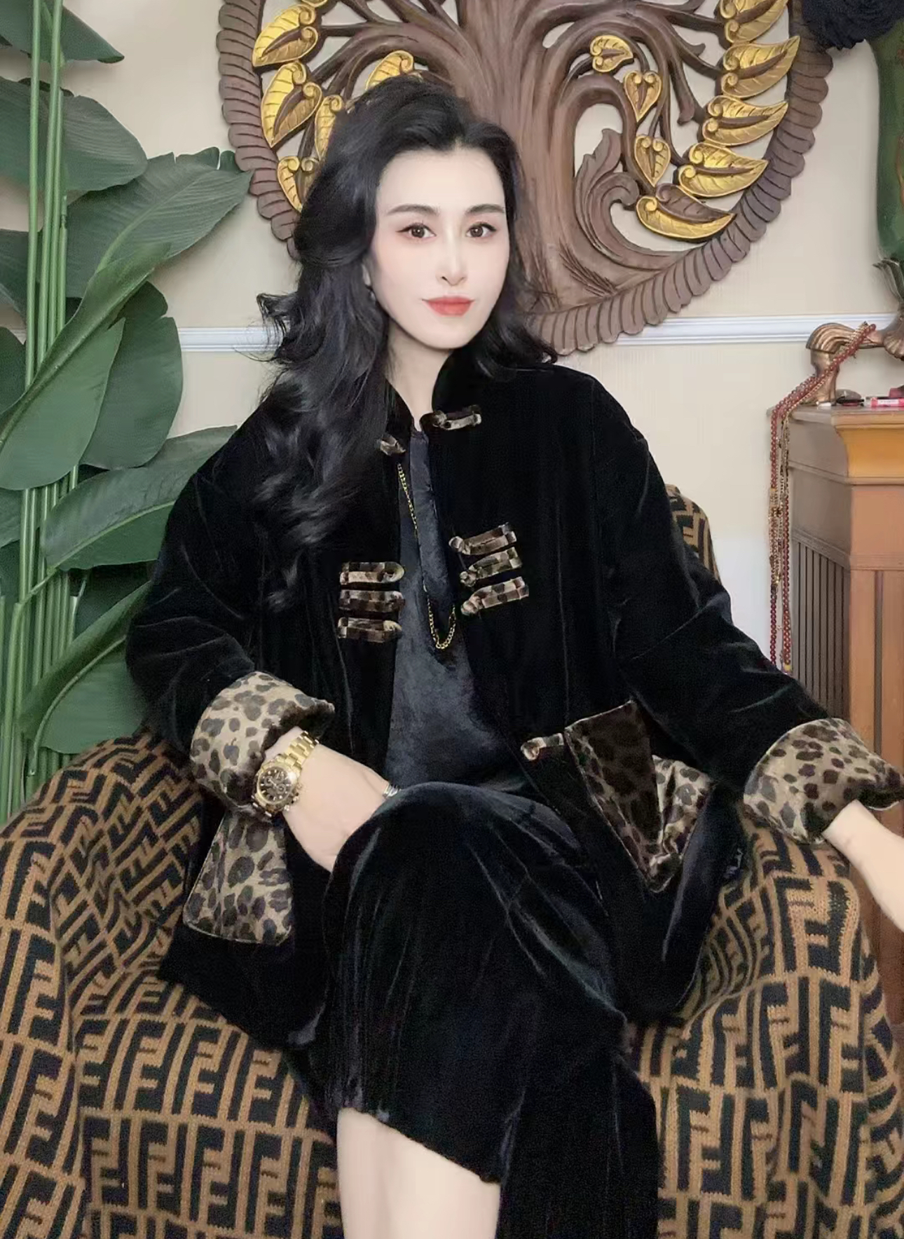 新中式国风盘扣丝绒豹纹拼色加棉外套女2024秋冬复古唐装棉服上衣