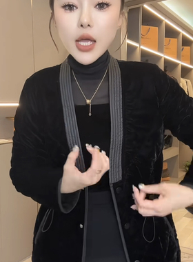 网红爆款时尚棉服女2024冬季款气质V领丝绒拼接黑色百搭显瘦外套