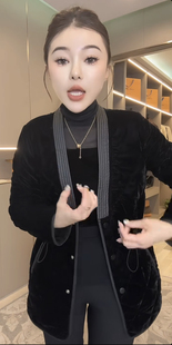 款 棉服女2024冬季 气质V领丝绒拼接黑色百搭显瘦外套 时尚 网红爆款