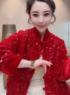 新中式大码红色亮片丝绒外套女秋冬2025爆款国风唐装棉衣加厚棉服