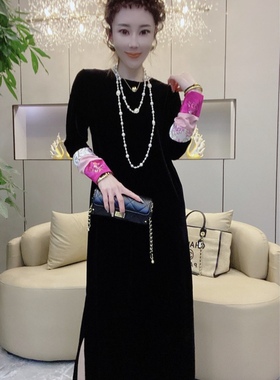 复古民族风圆领丝绒长裙女春秋新款中式真丝袖口撞色设计感连衣裙