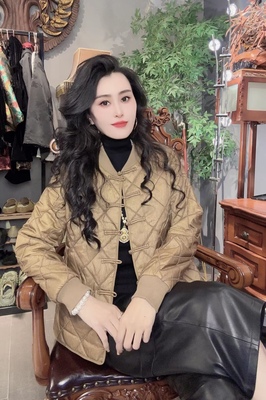 新中式国风盘扣菱形格蕾丝薄棉短外套女2025春秋复古唐装夹克上衣