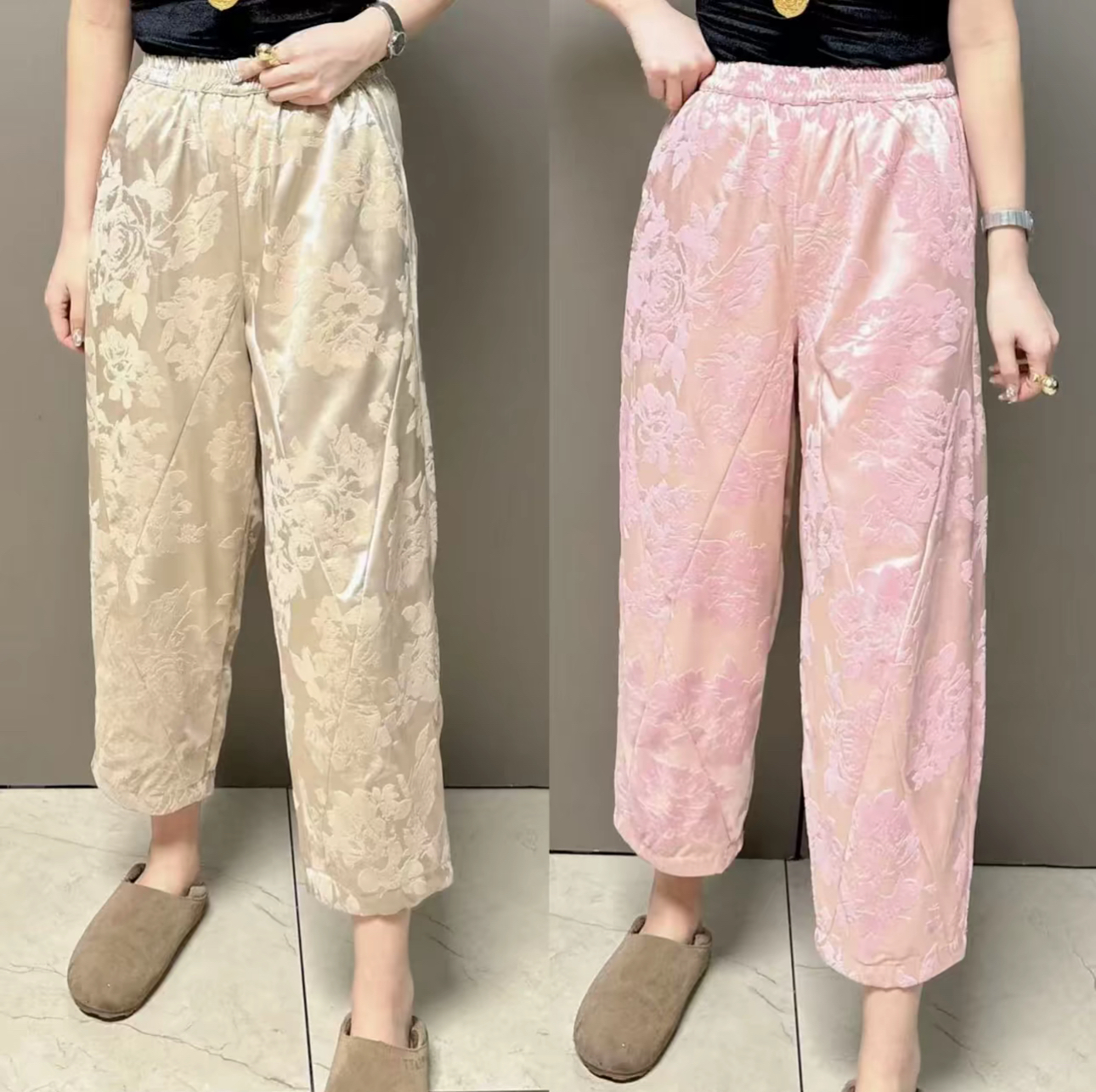 新中式松紧腰真丝提花宽松九分裤子女2025秋冬大码垮裤哈伦休闲裤