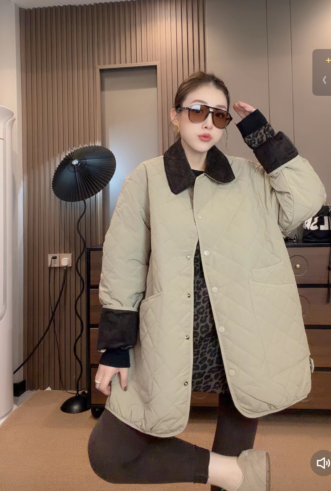 韩系菱格拼色条绒翻领棉服外套女冬季款宽松百搭轻薄夹棉保暖棉衣