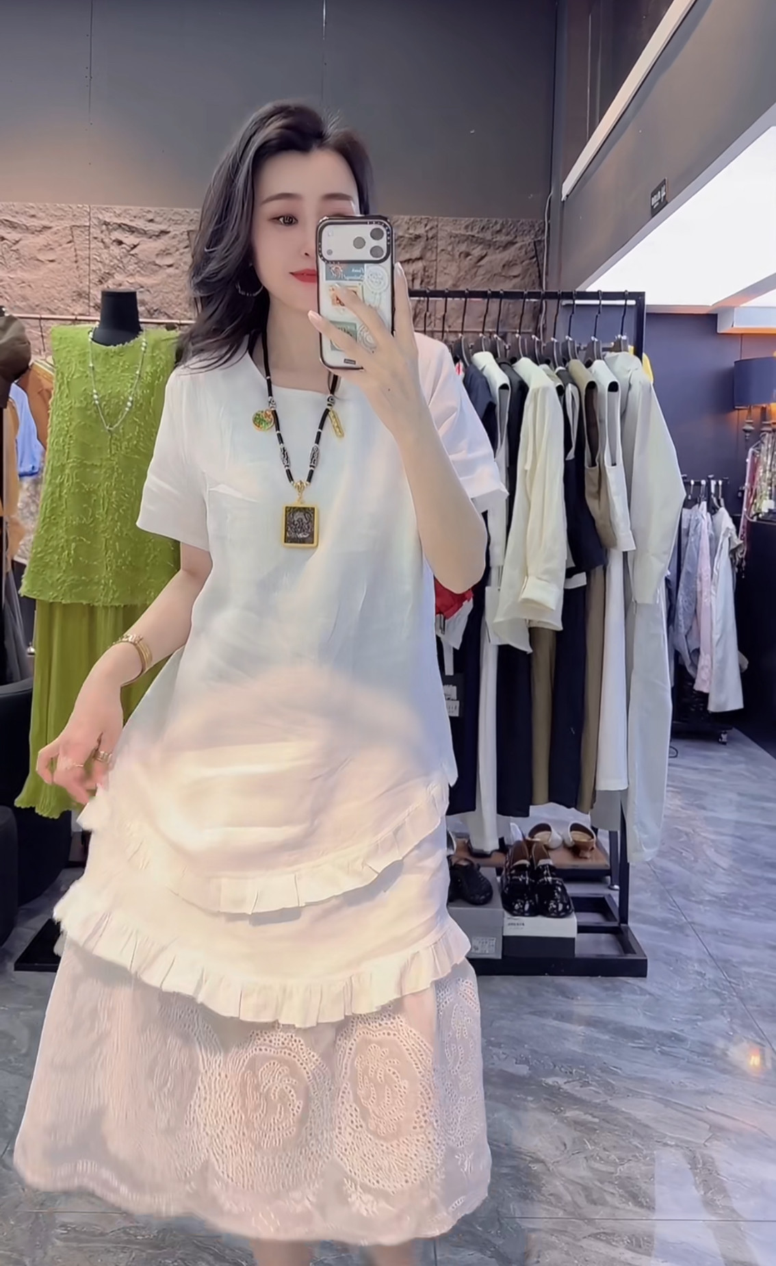 欧货时尚圆领短袖亚麻蕾丝花边连衣裙女2026夏季显瘦遮肉长裙子新