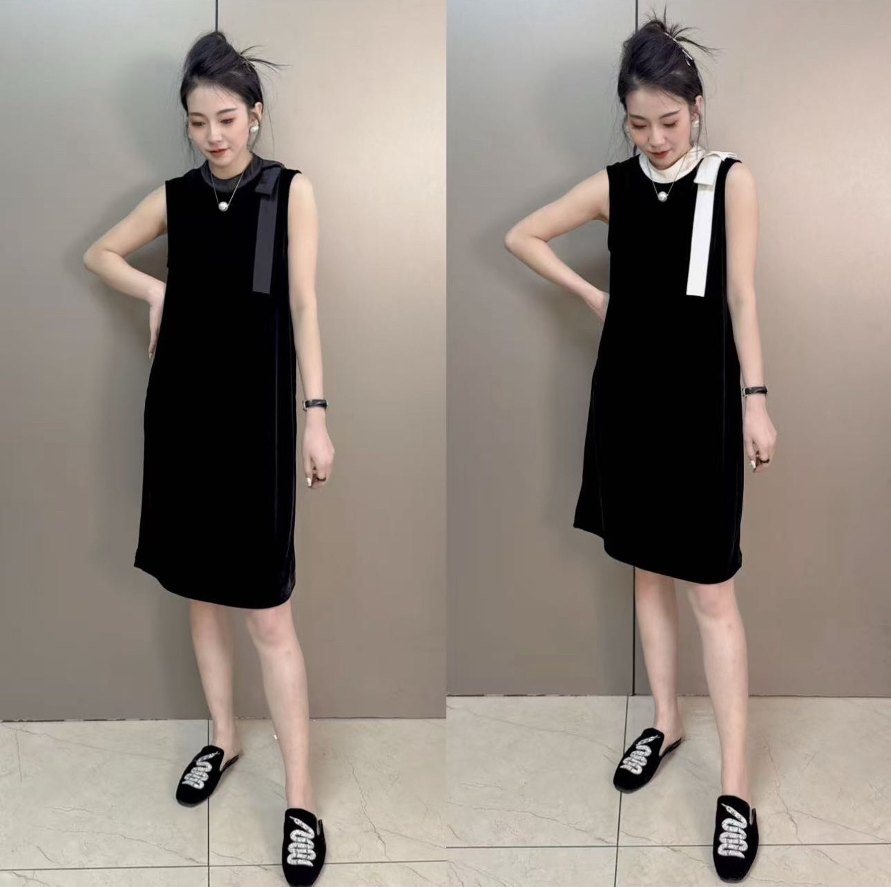 欧货时尚丝绒蝴蝶结短袖宽松遮肉连衣裙女2025夏季显瘦名媛裙子新