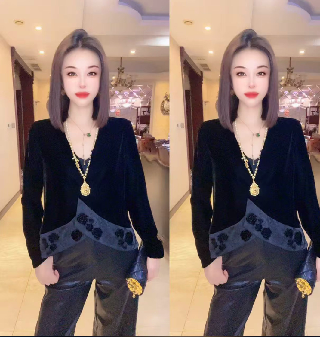 抖音同款2026复古女装时尚洋气减龄黑色丝绒拼接优雅高端大气上衣