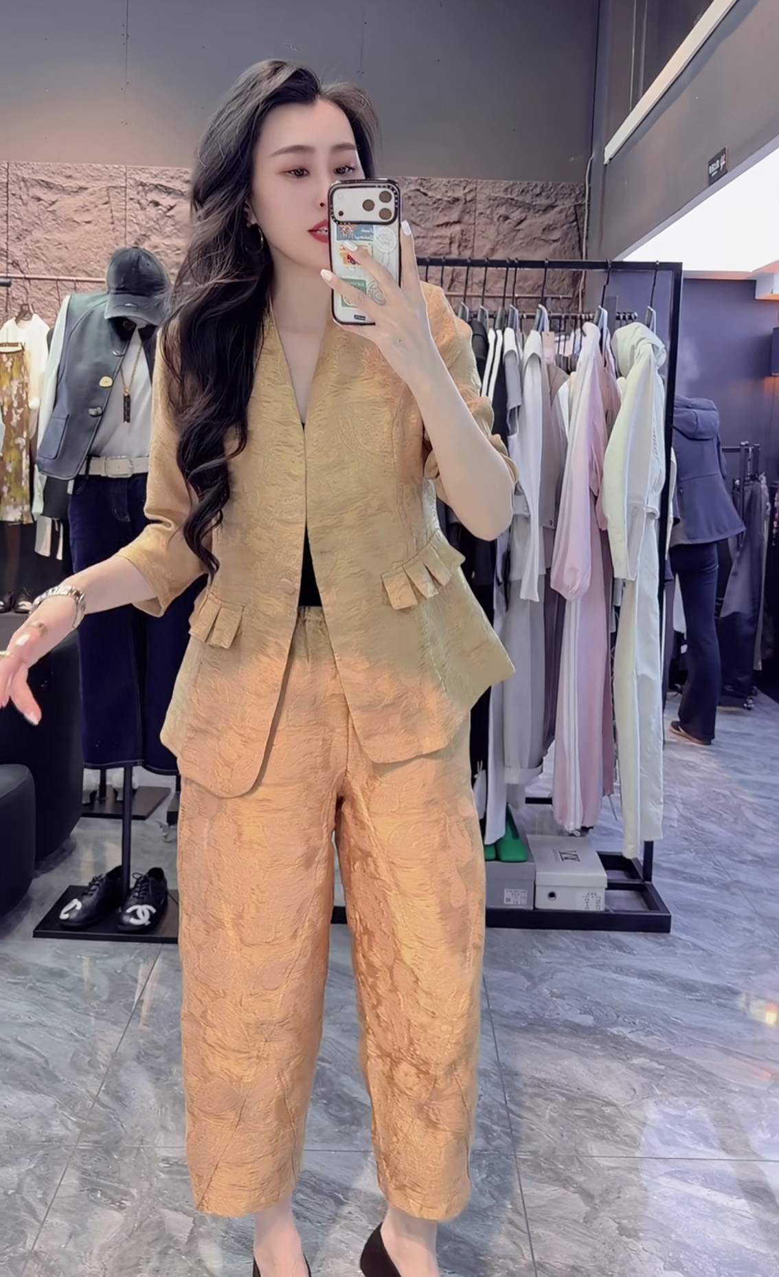 欧货时尚提花缎收腰荷叶西服外套九分阔腿哈伦裤子套装女2026春夏