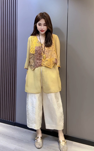 新中式国风提花马甲欧根纱衬衫假两件上衣女2026夏季防晒复古小衫