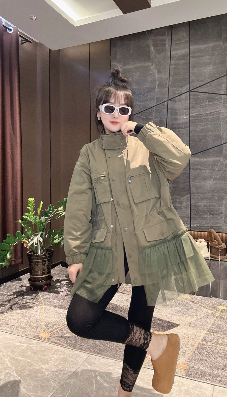 欧货大码立领工装外套女秋季2025新款拼网纱中长款夹克设计感上衣