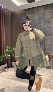 欧货大码立领工装外套女秋季2025新款拼网纱中长款夹克设计感上衣