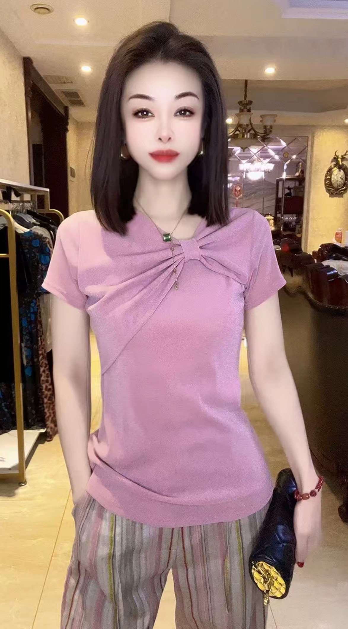 欧货时尚蝴蝶结正肩网衫女2026春夏百搭短袖显瘦打底衫内搭上衣新