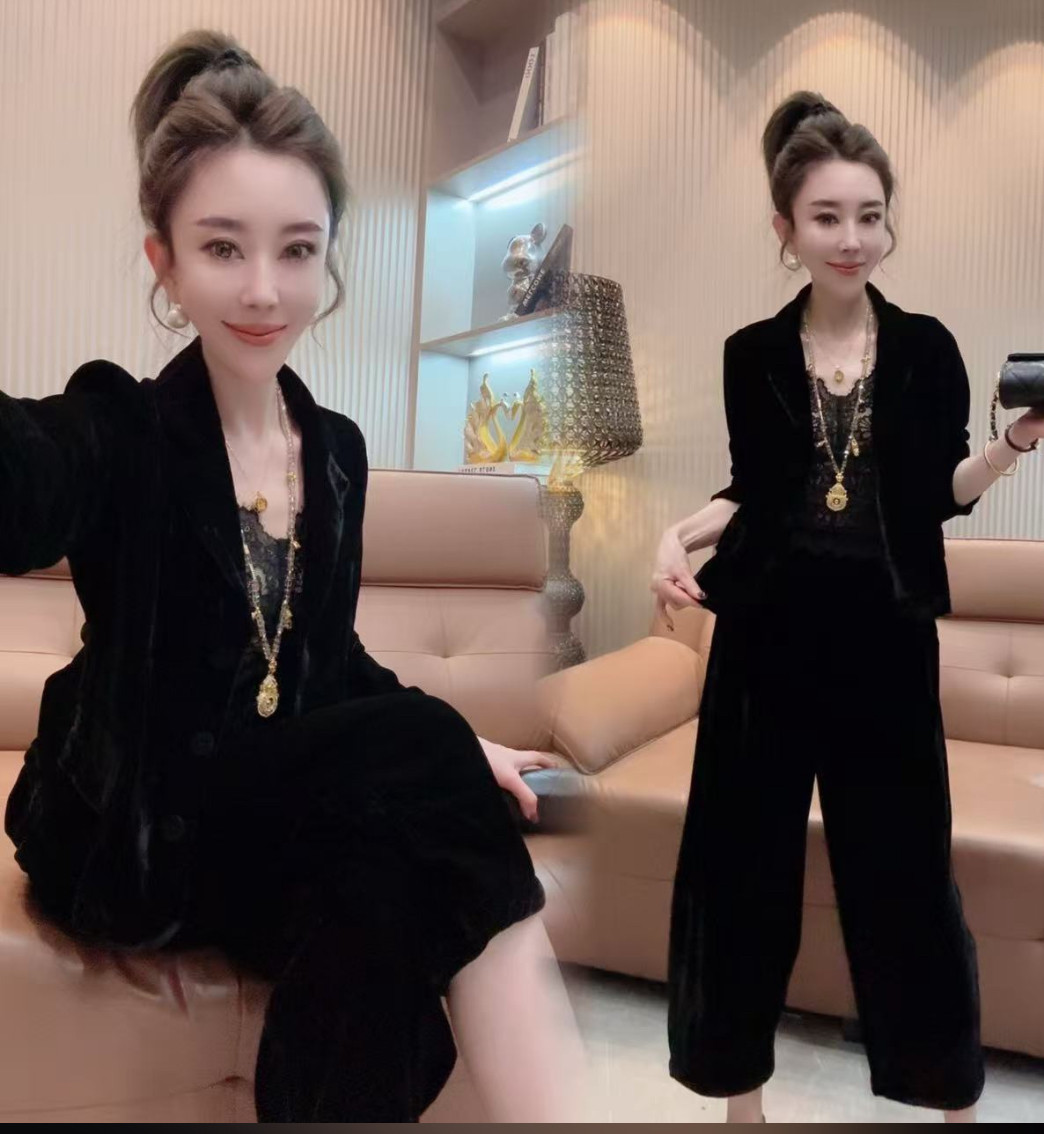 欧货时尚柔缎丝绒宽松西服外套上衣九分阔腿裤休闲套装女2026秋季