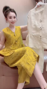 新中式国风无袖缎面提花荷叶边宽松马甲上衣九分阔腿裤套装女26夏