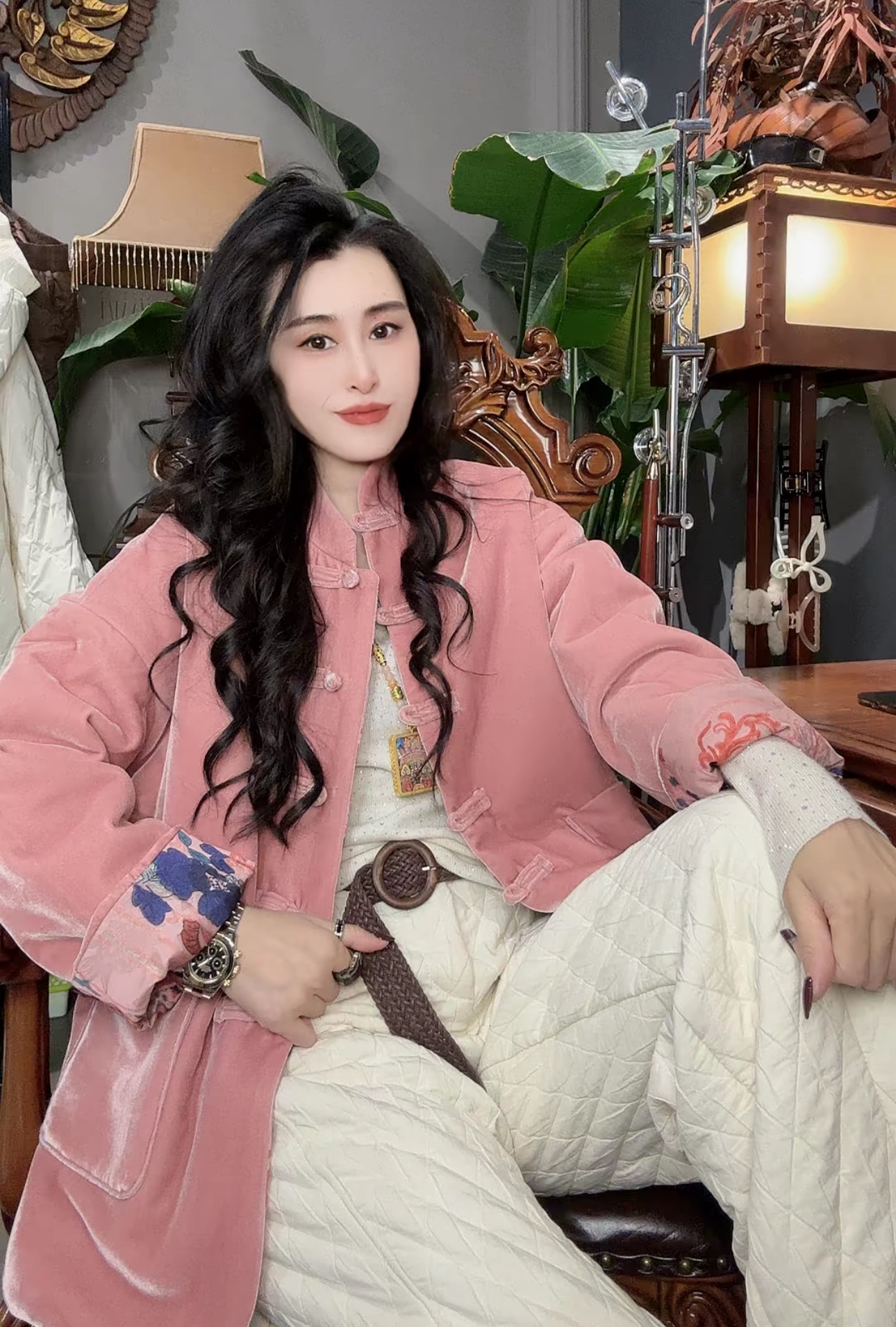 新中式国风盘扣丝绒真丝提花双面穿加棉外套女2025冬复古棉服上衣